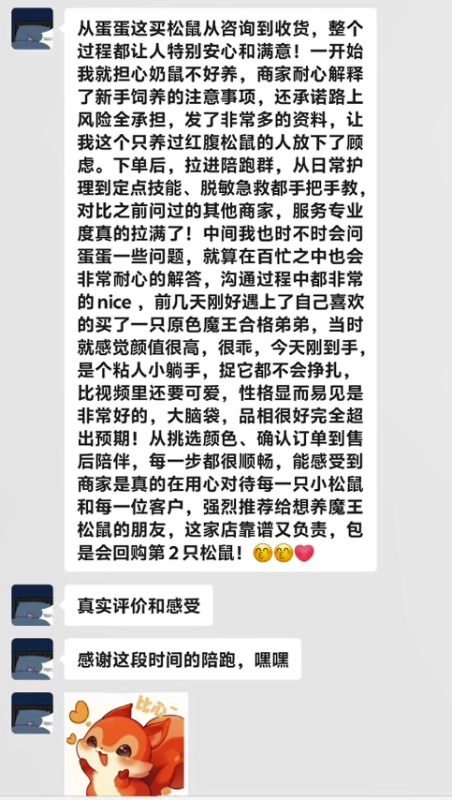 感谢重庆废炭小姐姐对易客萌宠家的高评价，在各大平台和其他商家全面对比完以后，果断在易客家持续下单四只包子脸魔王松鼠，以专业态度挑选高品质好鼠！-易客萌宠官网